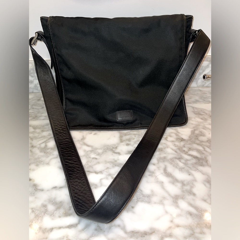 Vintage Coach Black Nylon & Leather Trim Messenger Bag